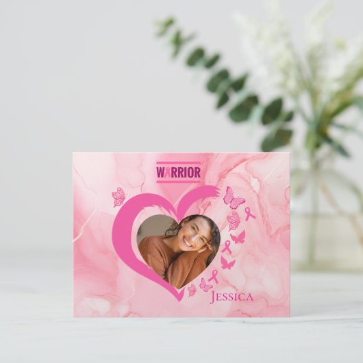 Modern Breast Cancer Custom Heart Photo Name  Briefkaart (Staand voorkant)