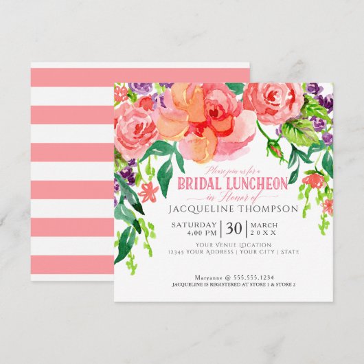 Modern Bridal Luncheon Floral Coral roze Roses Kaart (Voorkant / Achterkant)