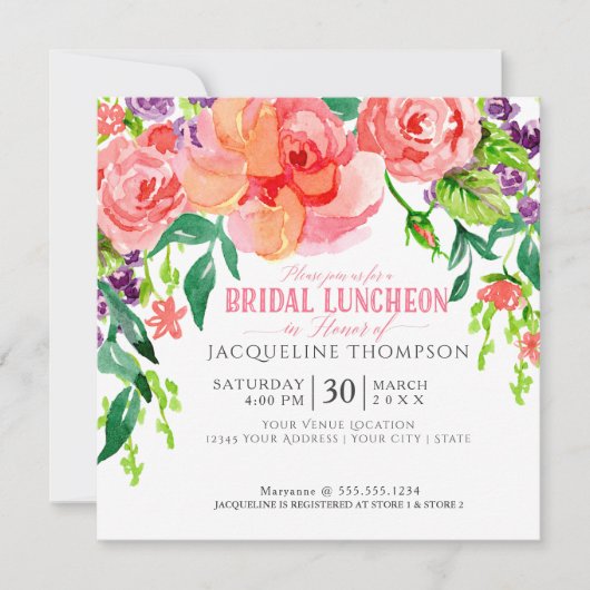 Modern Bridal Luncheon Floral Coral roze Roses Kaart (Voorkant)