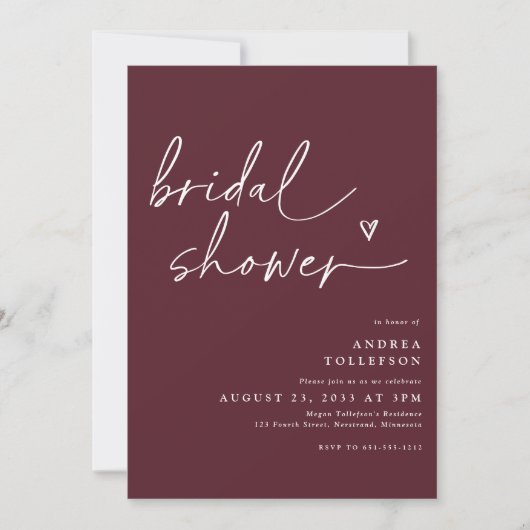 Modern Bridal Shower Invitation in Merlot Wine Kaart (Voorkant)