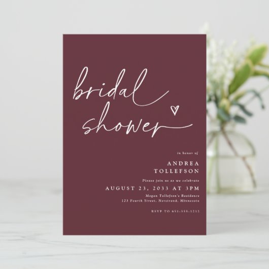 Modern Bridal Shower Invitation in Merlot Wine Kaart (Staand voorkant)