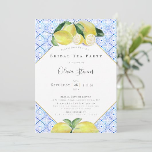 Modern Bridal Tea Party Yellow Lemons Shower Kaart (Staand voorkant)