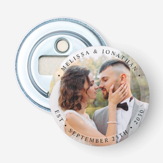 Modern Bride Groom Simple Photo Wedding Button Flesopener (Voorkant)