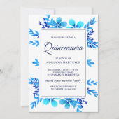 Modern Bright Blue Waterverf Floral Quinceanera Kaart (Voorkant)