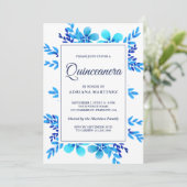 Modern Bright Blue Waterverf Floral Quinceanera Kaart (Staand voorkant)