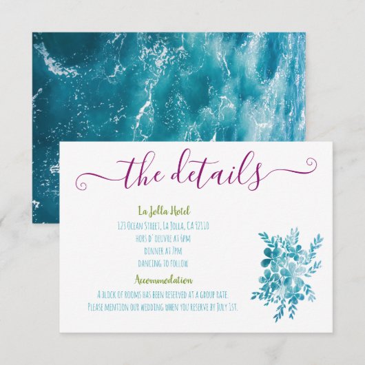 Modern Bright Floral Blue Pink Ocean Foto details Informatiekaartje (Voorkant / Achterkant)