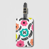 Modern Bright Flowers en Black Leaf Monogram Bagagelabel (Voorkant (verticaal))