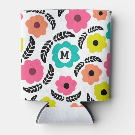 Modern Bright Flowers en Black Leaf Monogram Blikjeskoeler (Voorkant)