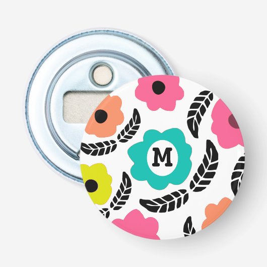 Modern Bright Flowers en Black Leaf Monogram Button Flesopener (Voorkant)