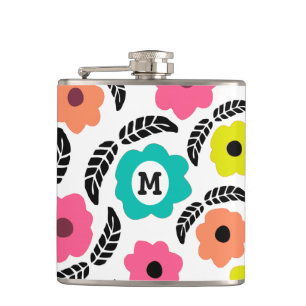 Modern Bright Flowers en Black Leaf Monogram Heupfles