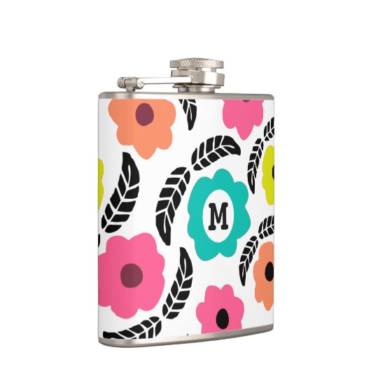 Modern Bright Flowers en Black Leaf Monogram Heupfles (Rechts)