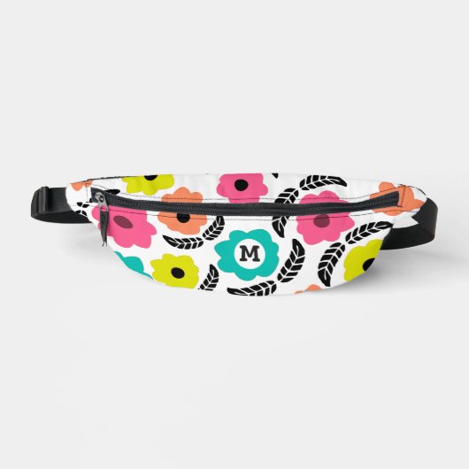 Modern Bright Flowers en Black Leaf Monogram Heuptasje (Voorkant)