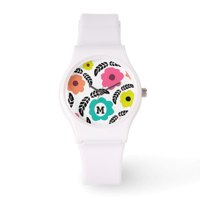 Modern Bright Flowers en Black Leaf Monogram Horloge (Voorkant)