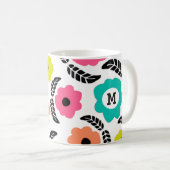 Modern Bright Flowers en Black Leaf Monogram Koffiemok (Voorkant rechts)
