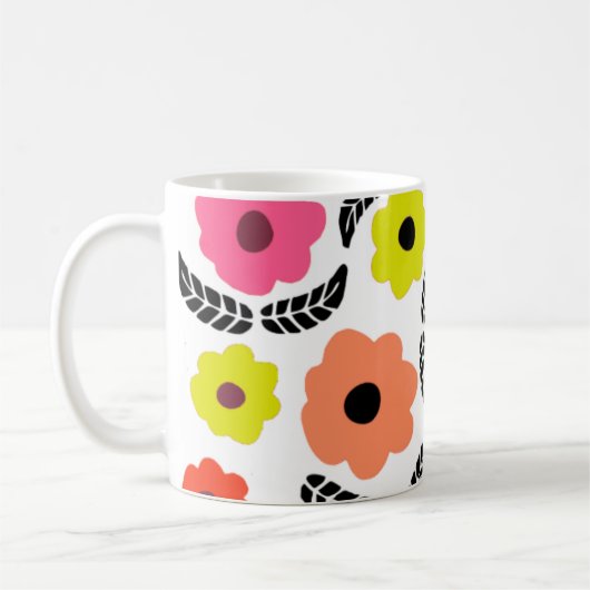 Modern Bright Flowers en Black Leaf Monogram Koffiemok (Links)