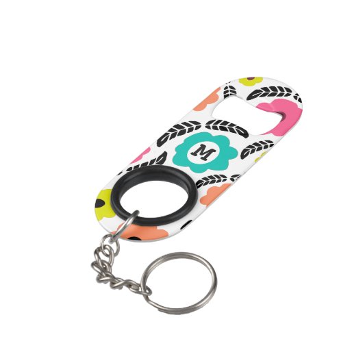Modern Bright Flowers en Black Leaf Monogram Mini Flessenopener (Achterkant Gekanteld)