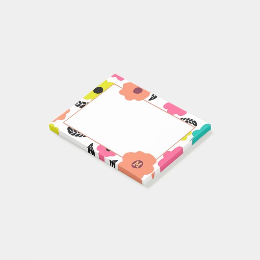 Modern Bright Flowers en Black Leaf Monogram Post-it® Notes (Schuin)