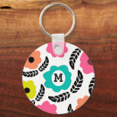 Modern Bright Flowers en Black Leaf Monogram Sleutelhanger (Voorkant)