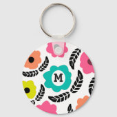 Modern Bright Flowers en Black Leaf Monogram Sleutelhanger (Achterkant)