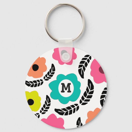 Modern Bright Flowers en Black Leaf Monogram Sleutelhanger (Achterkant)