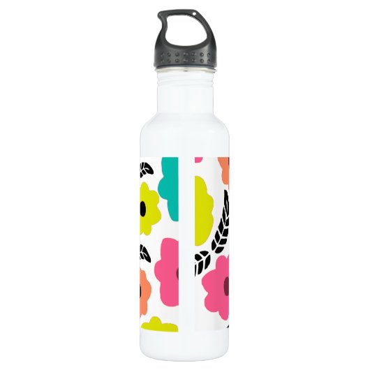 Modern Bright Flowers en Black Leaf Monogram Waterfles (Achterkant)