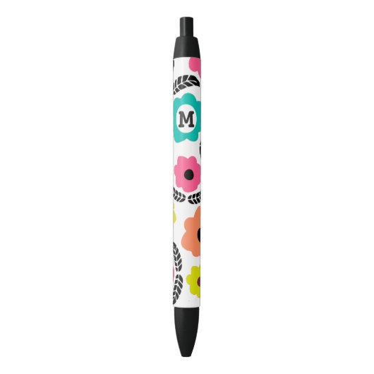 Modern Bright Flowers en Black Leaf Monogram Zwarte Inkt Pen (Voorkant Verticaal)