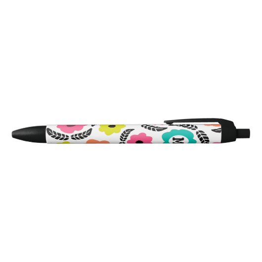 Modern Bright Flowers en Black Leaf Monogram Zwarte Inkt Pen (Bovenkant)