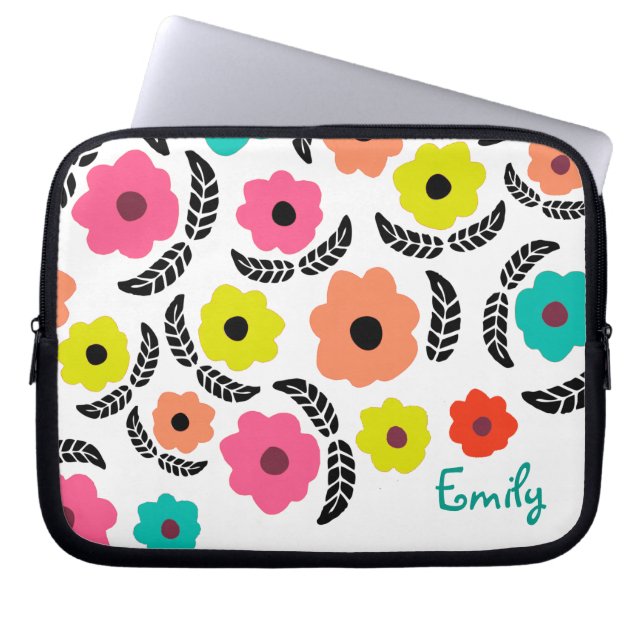 Modern Bright Flowers en zwart Leaf op maat Laptop Sleeve (Voorkant)