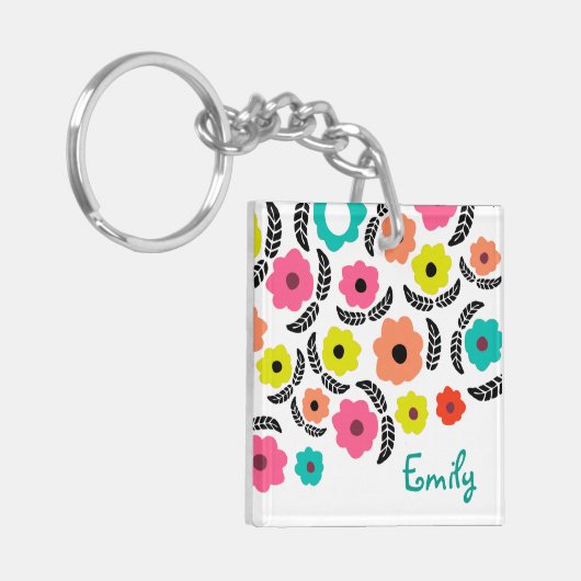 Modern Bright Flowers en zwart Leaf op maat Sleutelhanger (Voorkant Links)