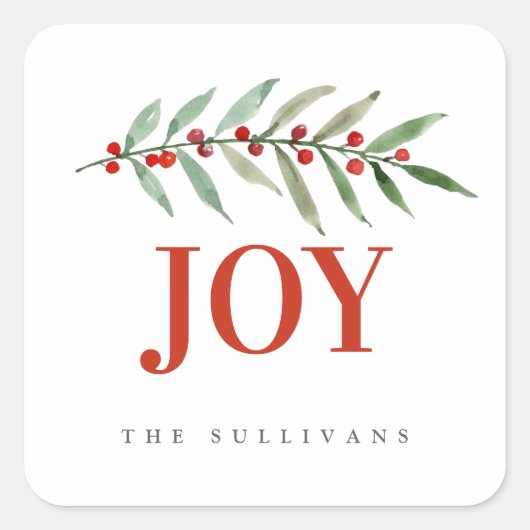 Modern Bright Holiday Kerstmis JOY Winter Berry Vierkante Sticker (Voorkant)