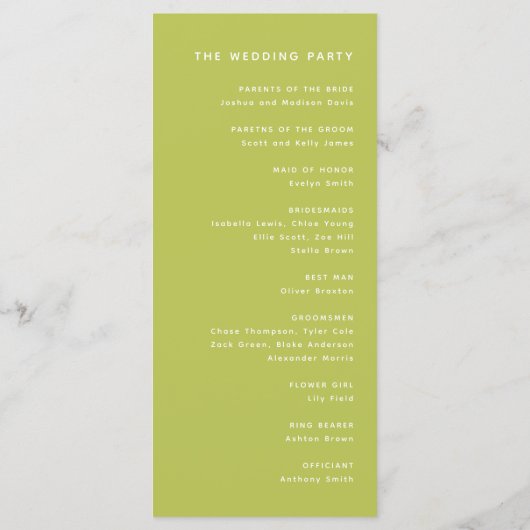 Modern Bright Lime Green Wedding Ceremony Programmakaart (Achterkant)