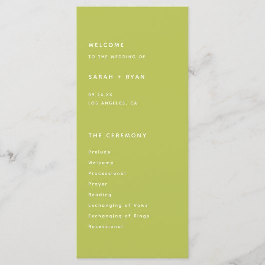 Modern Bright Lime Green Wedding Ceremony Programmakaart (Voorkant)