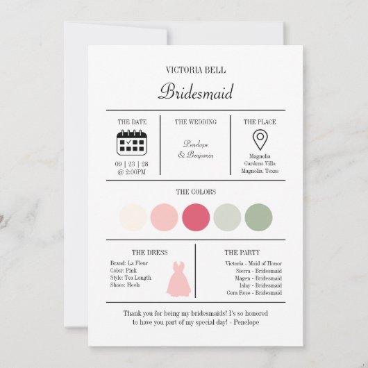 Modern Bright Pink Bridesmaid Information Card Kaart (Voorkant)