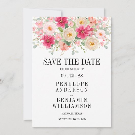 Modern Bright Pink Floral Wedding Save The Date (Voorkant)