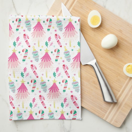 Modern Bright Pink Whimsical Christmas Theedoek (Quarter Fold)