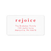 Modern Bright Red Rejoice Christmas Card Address Etiket (Voorkant)