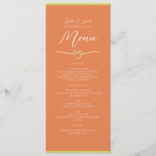 Modern Bright Sinaasappel bruiloft menu (Voorkant)