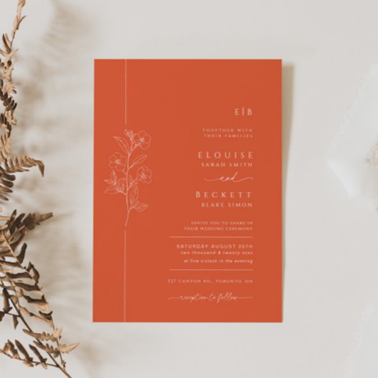 Modern Bright Sinaasappel Flower Wedding Invitatio Kaart
