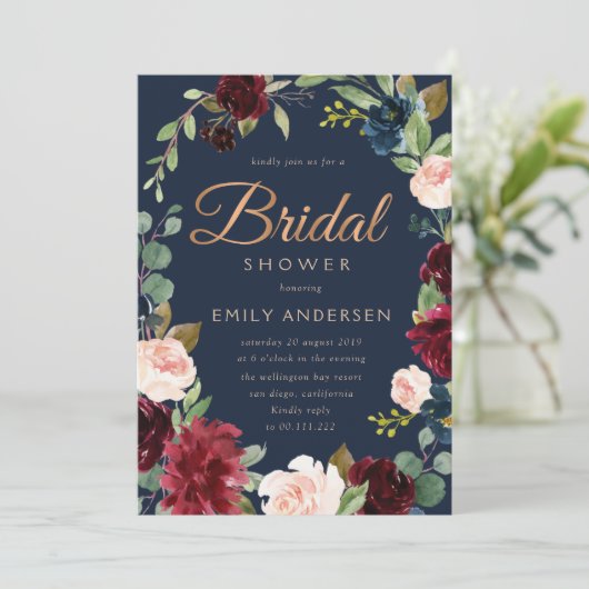 Modern Brons script bordeaux navy vrijgezellenfees Kaart (Staand voorkant)