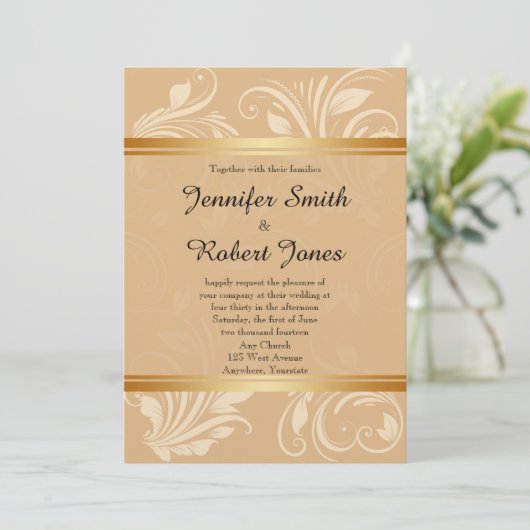 Modern Bronze Floral Wedding Uitnodiging (Staand voorkant)