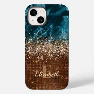 Modern Bronze Turquoise Glitter Marmer monogram Case-Mate iPhone 14 Hoesje