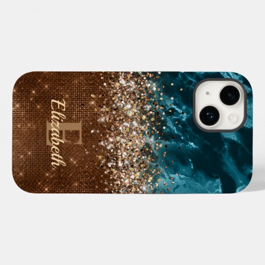 Modern Bronze Turquoise Glitter Marmer monogram Case-Mate iPhone Case (Achterkant (horizontaal))
