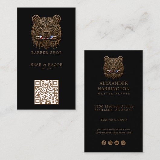 Modern bronzen berenbarberwinkel logo Qr-code Visitekaartje (Voorkant / Achterkant)