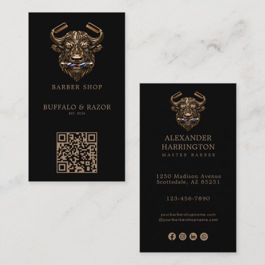 Modern Bronzen Buffalo Kapperszaak Logo Qr Code Visitekaartje (Voorkant / Achterkant)