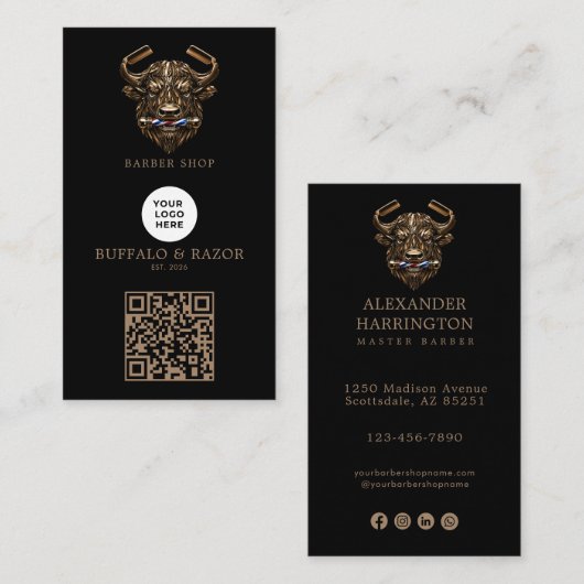 Modern Bronzen Buffalo Kapperszaak Logo Qr Code Visitekaartje (Voorkant / Achterkant)