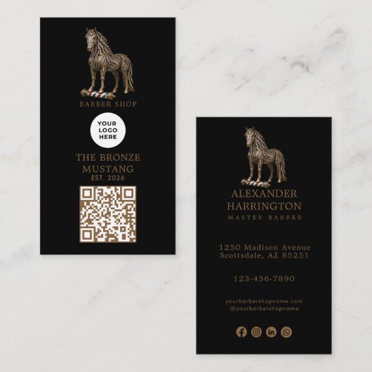 Modern bronzen Mustang kapper winkel logo Qr Code Visitekaartje (Voorkant / Achterkant)
