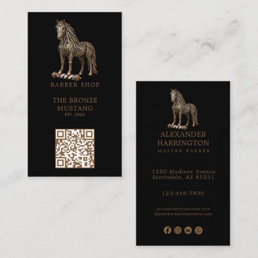 Modern bronzen Mustang kapper winkel logo Qr Code Visitekaartje (Voorkant / Achterkant)