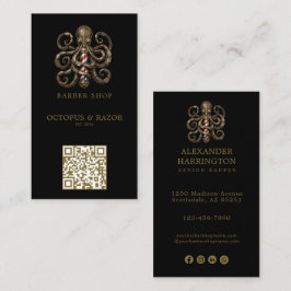 Modern bronzen octopus herenkapper logo Qr-code Visitekaartje
