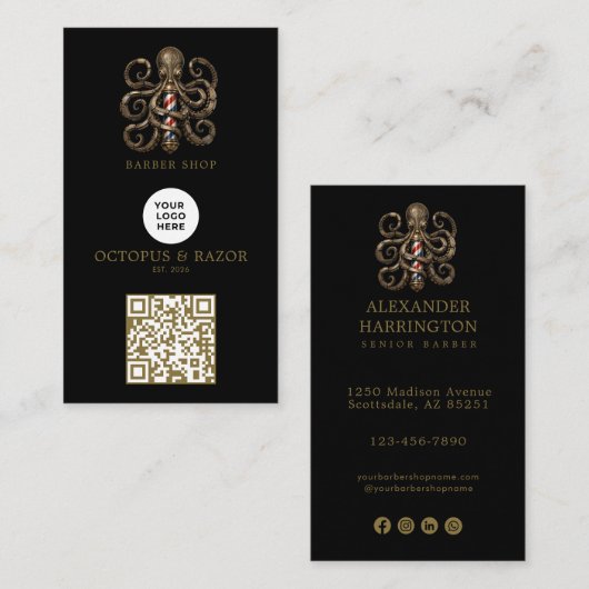 Modern Bronzen Octopus Kapperszaak Logo Qr Code Visitekaartje (Voorkant / Achterkant)