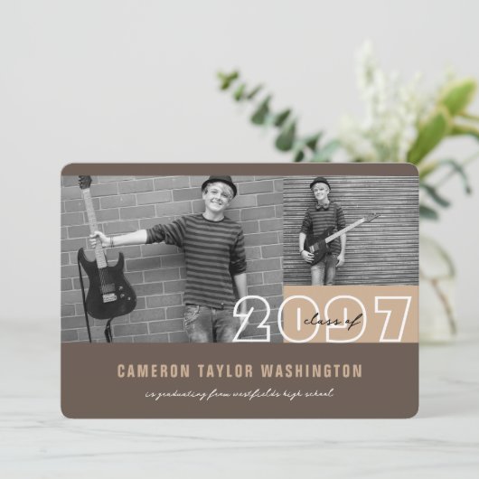 Modern Brown 2 Photo Block Simple Graduparty Kaart (Staand voorkant)